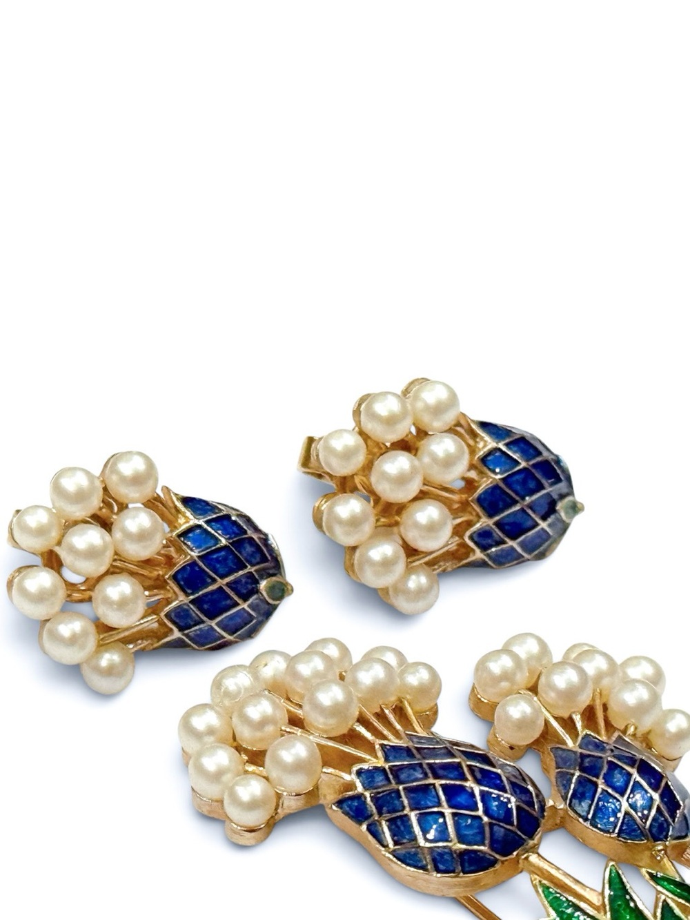 Vintage Crown Trifari Thistle Brooch & Earrings Set Faux Pearl Blue Enamel - Picture 5 of 12